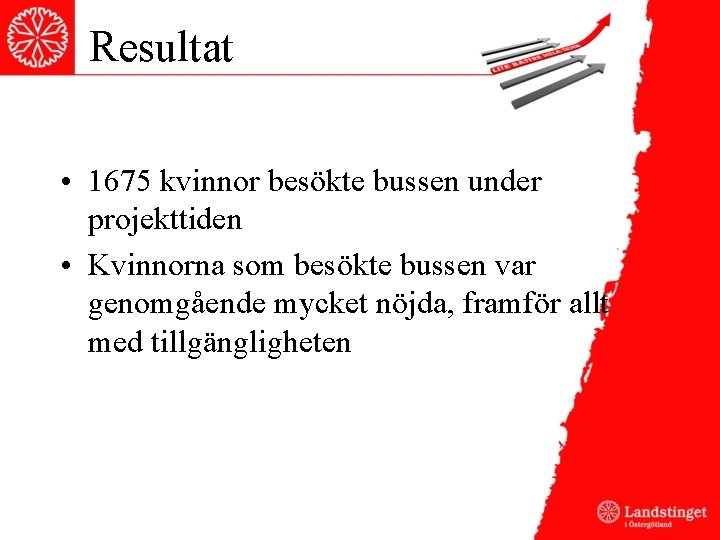 Resultat • 1675 kvinnor besökte bussen under projekttiden • Kvinnorna som besökte bussen var