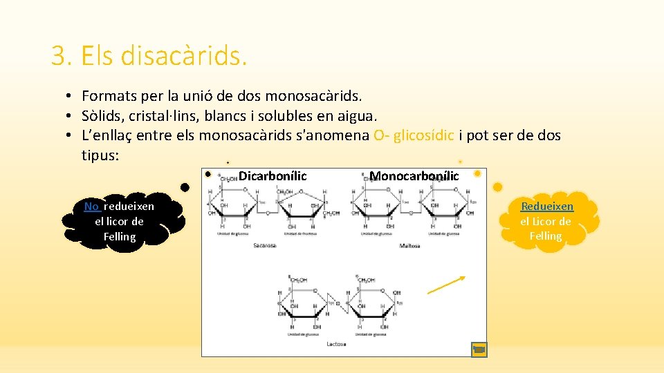 3. Els disacàrids. • Formats per la unió de dos monosacàrids. • Sòlids, cristal·lins,