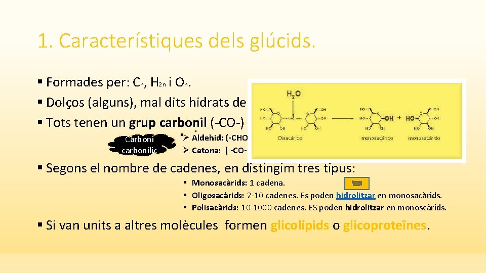 1. Característiques dels glúcids. § Formades per: Cn, H 2 n i On. §