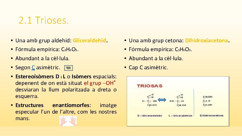 2. 1 Trioses. Una amb grup aldehid: Gliceraldehid. Fórmula empírica: C 3 H 6