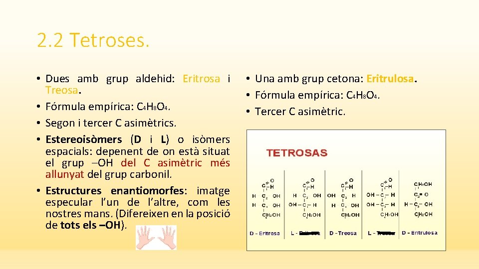 2. 2 Tetroses. • Dues amb grup aldehid: Eritrosa i Treosa. • Fórmula empírica: