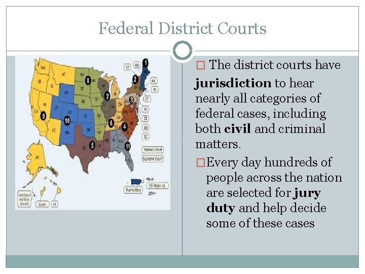 Federal District Courts � The district courts have jurisdiction to hear nearly all categories