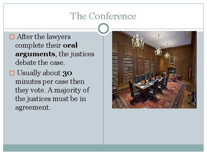 The Conference � After the lawyers complete their oral arguments, the justices debate the