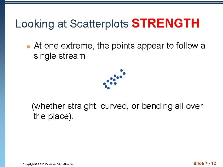 Looking at Scatterplots STRENGTH n At one extreme, the points appear to follow a