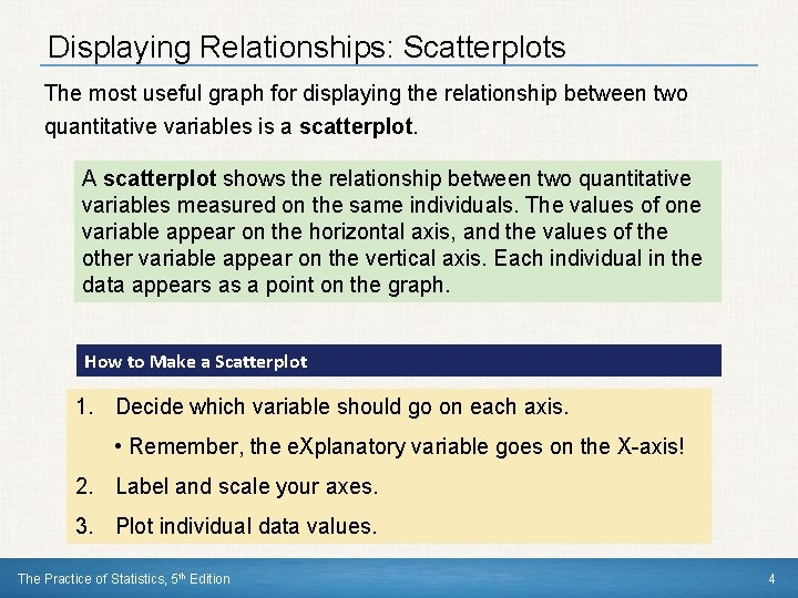 Displaying Relationships: Scatterplots The most useful graph for displaying the relationship between two quantitative