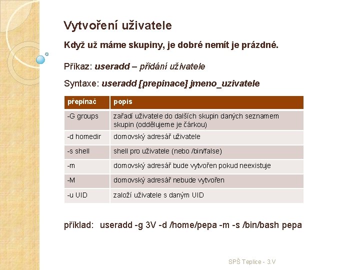 Vytvoření uživatele Když už máme skupiny, je dobré nemít je prázdné. Příkaz: useradd –