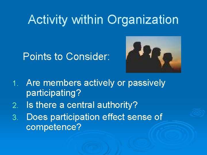 Activity within Organization Points to Consider: Are members actively or passively participating? 2. Is