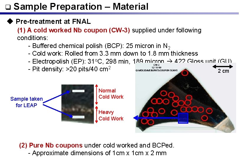  Sample Preparation – Material u Pre-treatment at FNAL (1) A cold worked Nb