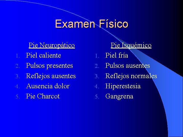 Examen Físico 1. 2. 3. 4. 5. Pie Neuropático Piel caliente Pulsos presentes Reflejos