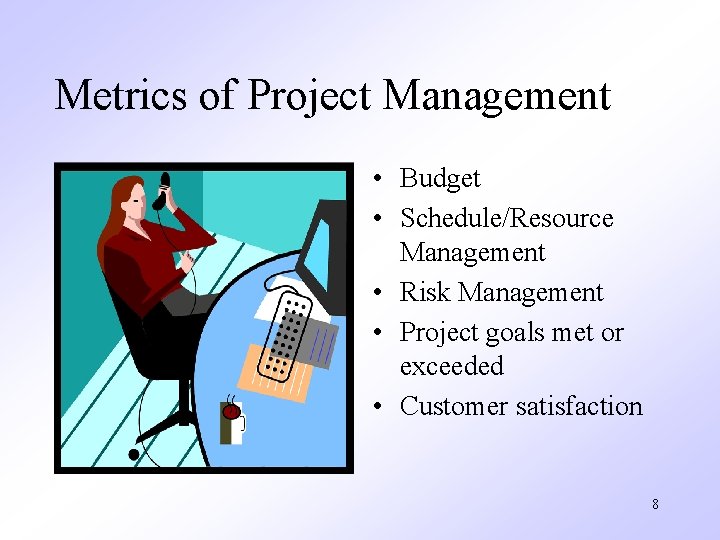 Metrics of Project Management • Budget • Schedule/Resource Management • Risk Management • Project