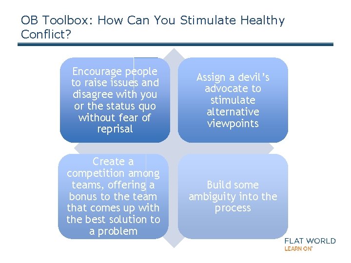 OB Toolbox: How Can You Stimulate Healthy Conflict? Encourage people to raise issues and
