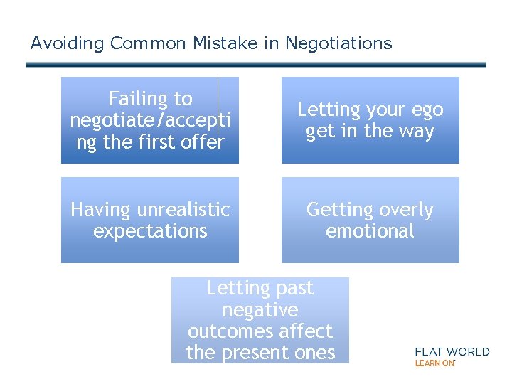 Avoiding Common Mistake in Negotiations Failing to negotiate/accepti ng the first offer Letting your