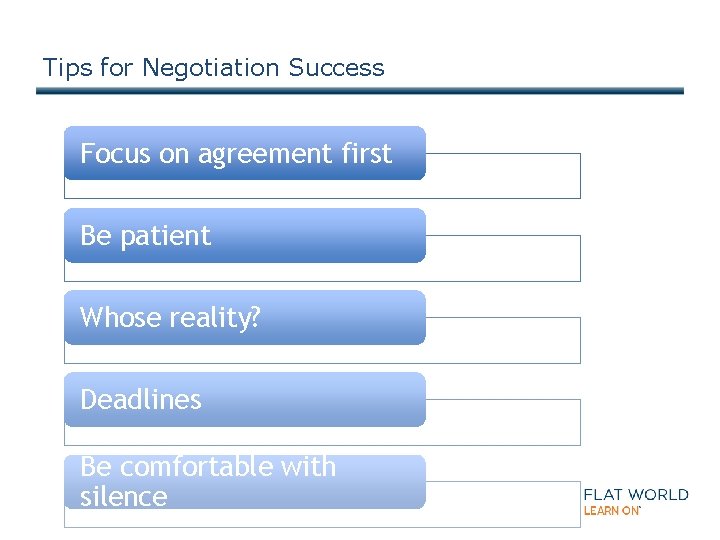 Tips for Negotiation Success Focus on agreement first Be patient Whose reality? Deadlines Be