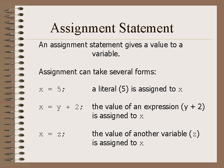 Assignment Statement An assignment statement gives a value to a variable. Assignment can take Assignment Statement An assignment statement gives a value to a variable. Assignment can take