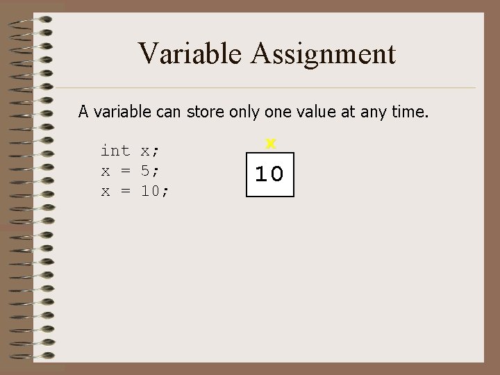 Variable Assignment A variable can store only one value at any time. int x; Variable Assignment A variable can store only one value at any time. int x;