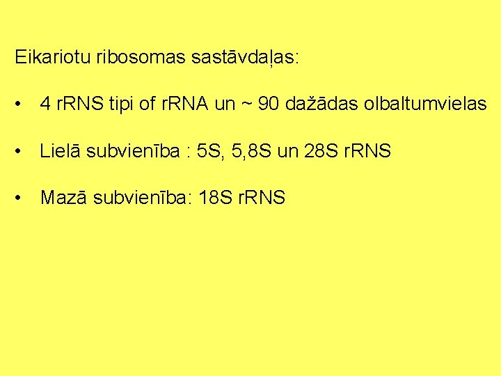 Eikariotu ribosomas sastāvdaļas: • 4 r. RNS tipi of r. RNA un ~ 90