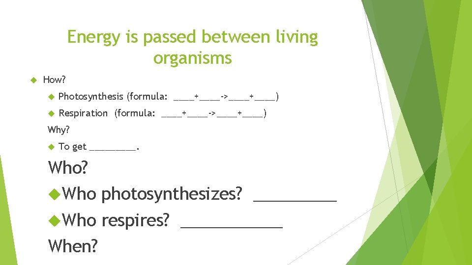 Energy is passed between living organisms How? Photosynthesis (formula: ____+____->____+____) Respiration (formula: ____+____->____+____) Why?