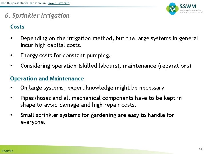 Find this presentation and more on: www. ssswm. info. 6. Sprinkler Irrigation Costs •
