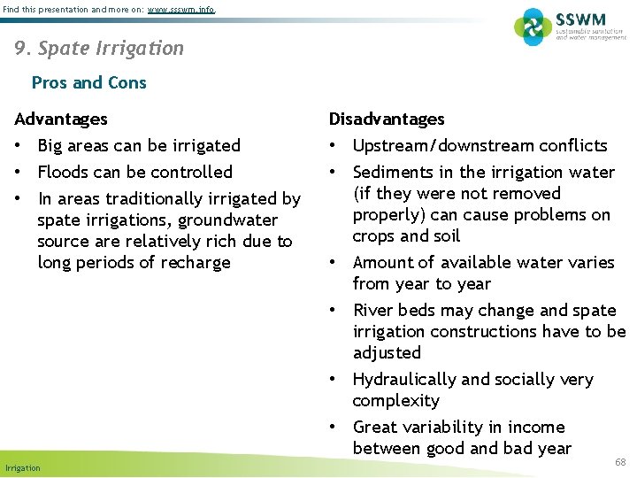 Find this presentation and more on: www. ssswm. info. 9. Spate Irrigation Pros and