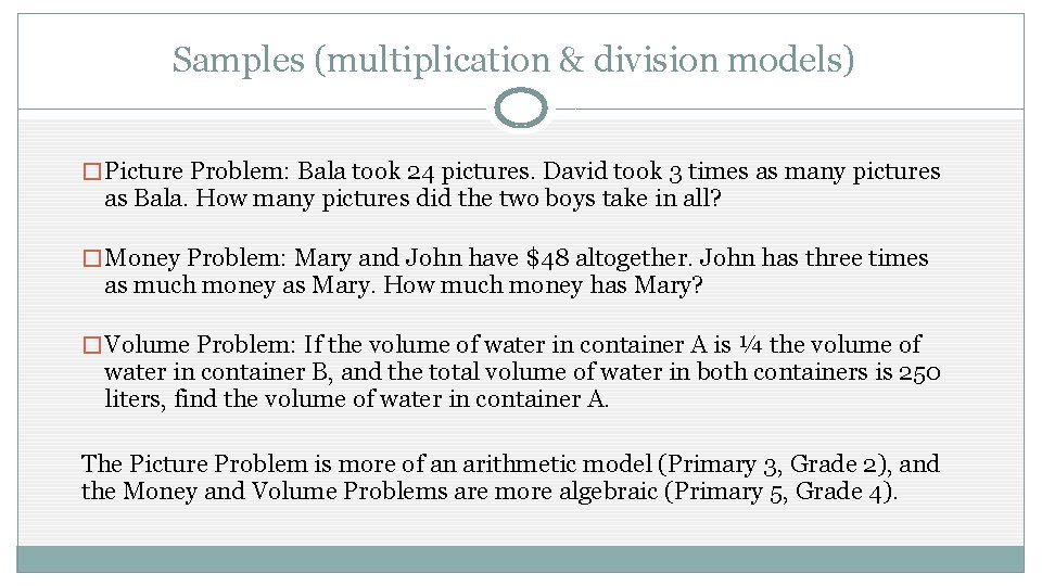Samples (multiplication & division models) � Picture Problem: Bala took 24 pictures. David took