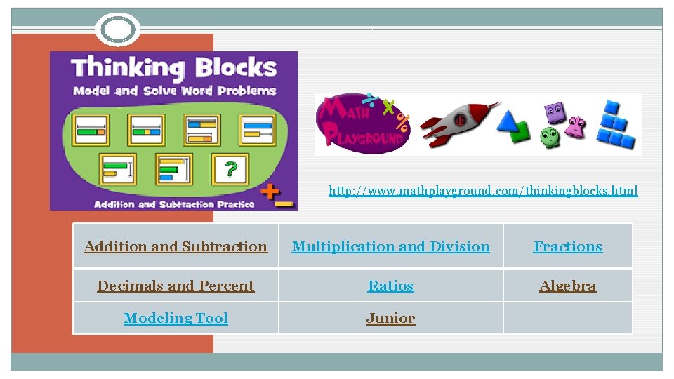 http: //www. mathplayground. com/thinkingblocks. html Addition and Subtraction Multiplication and Division Fractions Decimals and