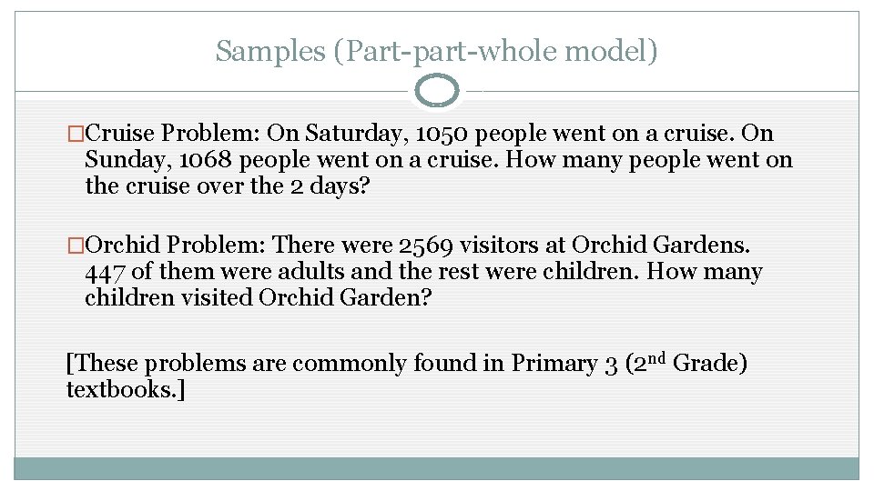 Samples (Part-part-whole model) �Cruise Problem: On Saturday, 1050 people went on a cruise. On