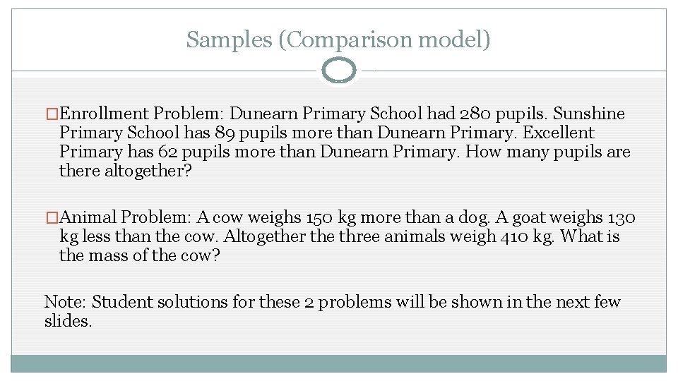 Samples (Comparison model) �Enrollment Problem: Dunearn Primary School had 280 pupils. Sunshine Primary School