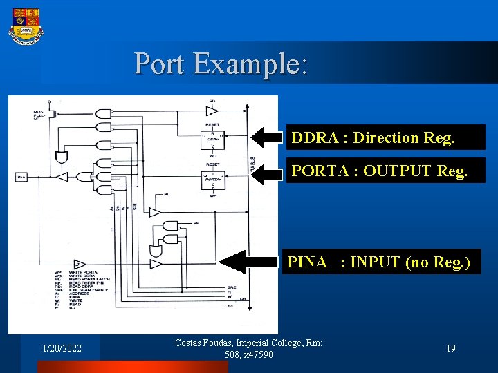 Port Example: DDRA : Direction Reg. PORTA : OUTPUT Reg. PINA : INPUT (no