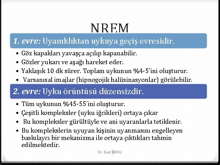 NREM 1. evre: Uyanıklıktan uykuya geçiş evresidir. • • Göz kapakları yavaşça açılıp kapanabilir.