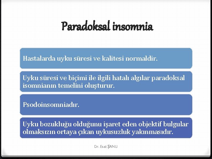Paradoksal insomnia Hastalarda uyku süresi ve kalitesi normaldir. Uyku süresi ve biçimi ile ilgili