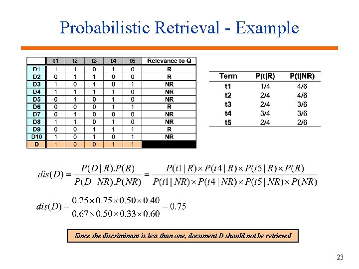 Probabilistic Retrieval - Example Since the discriminant is less than one, document D should