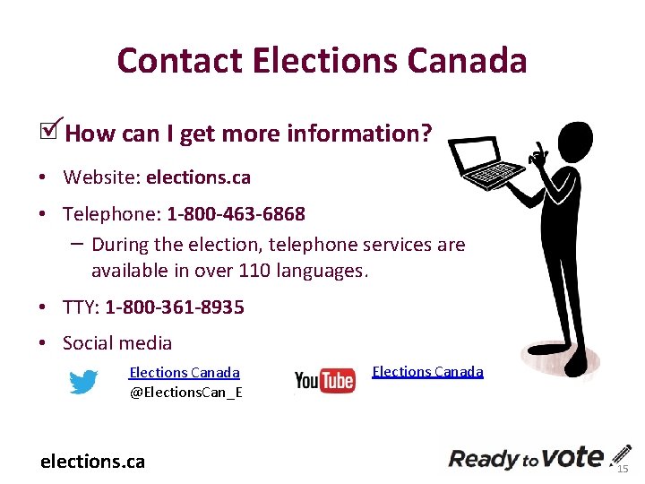 Contact Elections Canada How can I get more information? • Website: elections. ca •