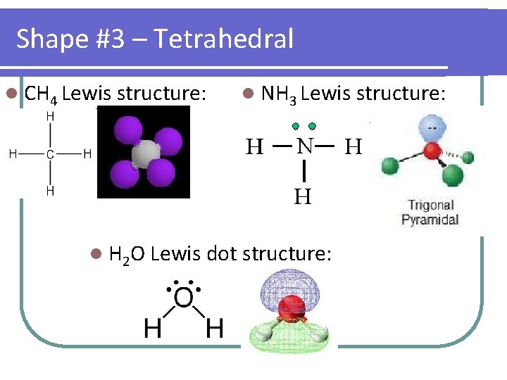 Shape #3 – Tetrahedral l CH 4 Lewis structure: l NH 3 Lewis structure: