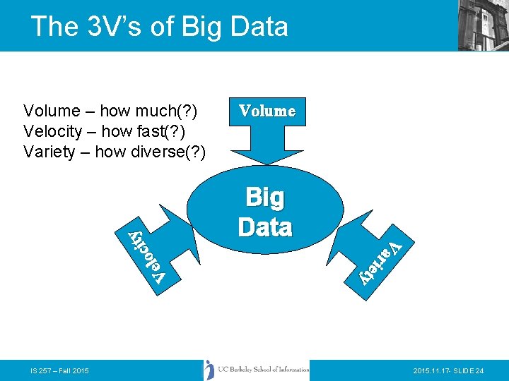 The 3 V’s of Big Data IS 257 – Fall 2015 Volume Big Data