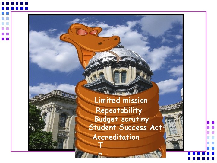 Limited mission Repeatability Budget scrutiny Student Success Act Accreditation T r 