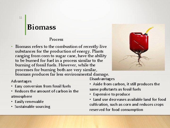 11 Biomass Process • Biomass refers to the combustion of recently-live substances for the
