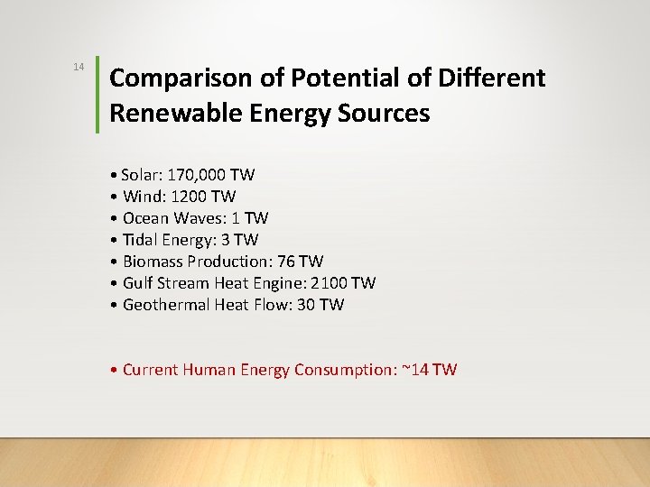 14 Comparison of Potential of Different Renewable Energy Sources • Solar: 170, 000 TW