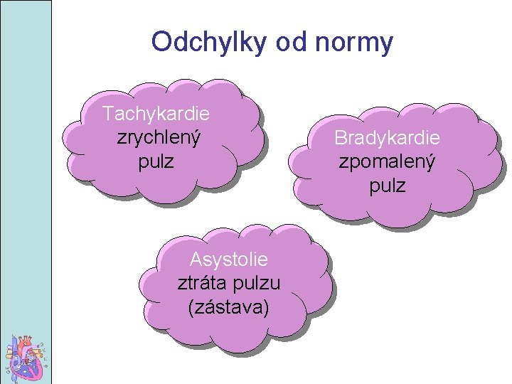 Odchylky od normy Tachykardie zrychlený pulz Asystolie ztráta pulzu (zástava) Bradykardie zpomalený pulz 