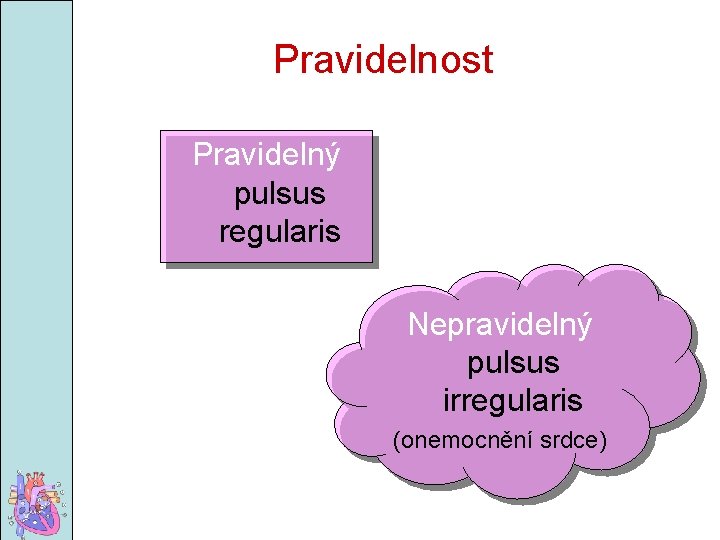 Pravidelnost Pravidelný pulsus regularis Nepravidelný pulsus irregularis (onemocnění srdce) 