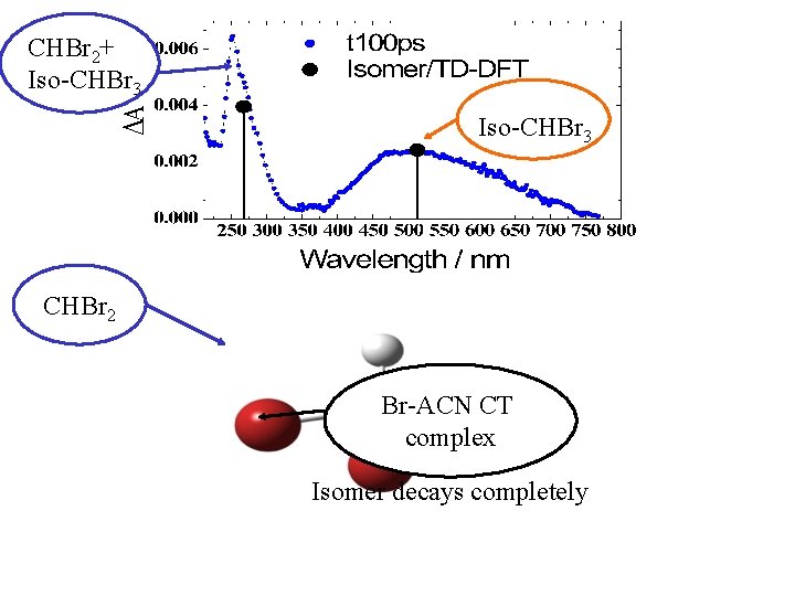 CHBr 2+ Iso-CHBr 3 CHBr 2 Br-ACN CT complex Isomer decays completely 
