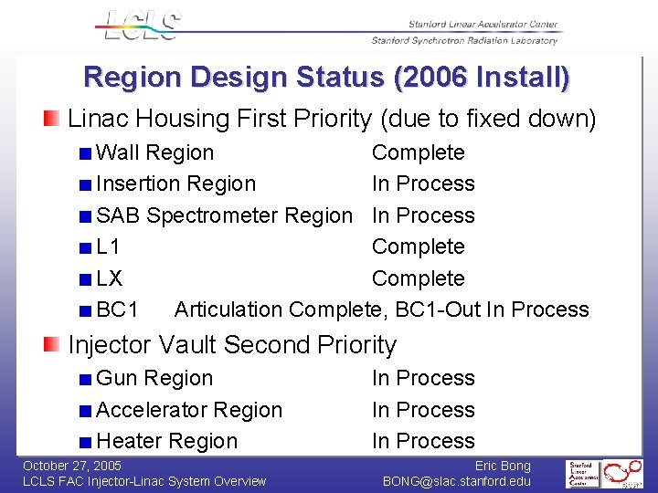 Region Design Status (2006 Install) Linac Housing First Priority (due to fixed down) Wall