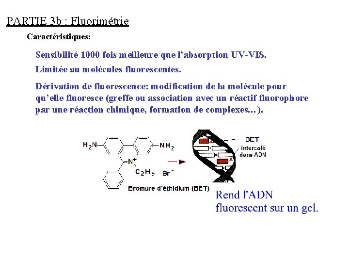 PARTIE 3 b : Fluorimétrie Caractéristiques: Sensibilité 1000 fois meilleure que l’absorption UV-VIS. Limitée
