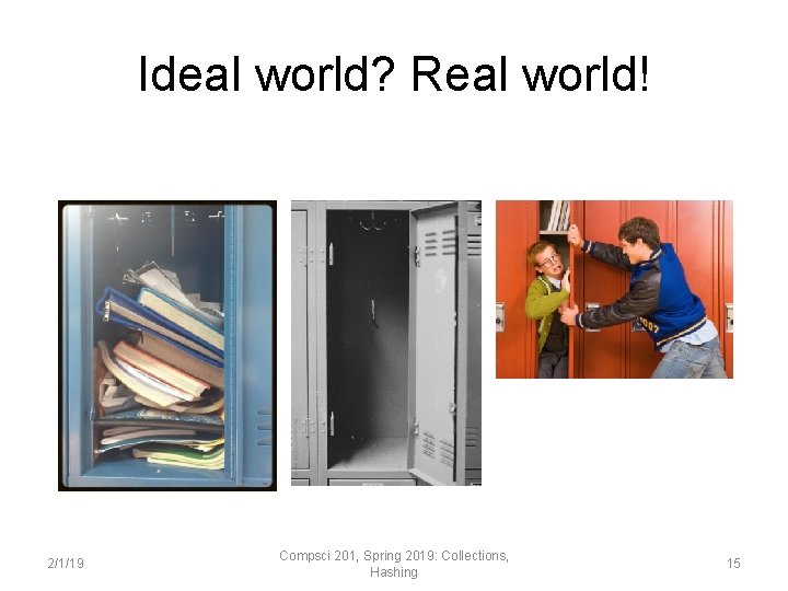 Ideal world? Real world! 2/1/19 Compsci 201, Spring 2019: Collections, Hashing 15 