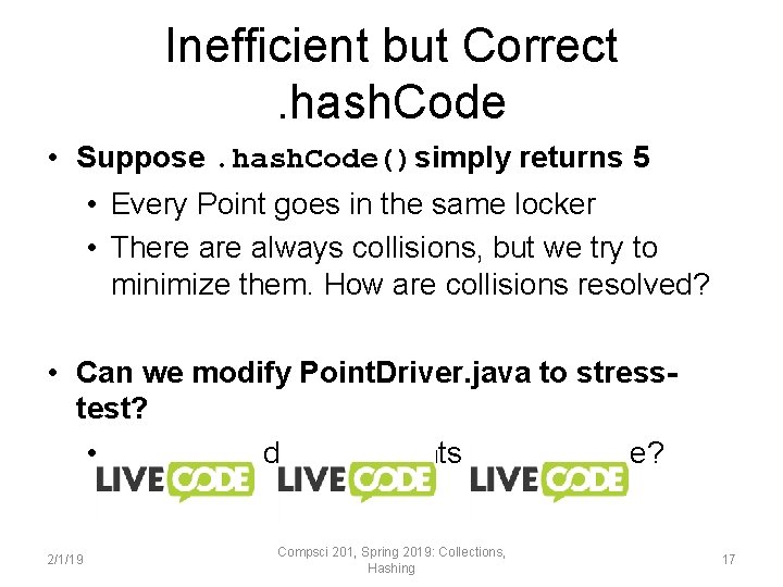 Inefficient but Correct. hash. Code • Suppose. hash. Code()simply returns 5 • Every Point