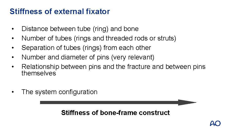 Stiffness of external fixator • • • Distance between tube (ring) and bone Number