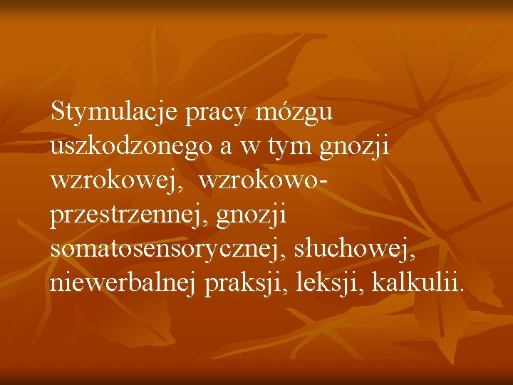 Stymulacje pracy mózgu uszkodzonego a w tym gnozji wzrokowej, wzrokowoprzestrzennej, gnozji somatosensorycznej, słuchowej, niewerbalnej