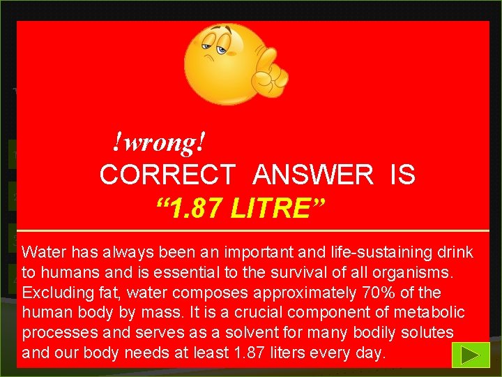 1 Which is the best time for exercise? !wrong! 1) Early morning 2) Afternoon