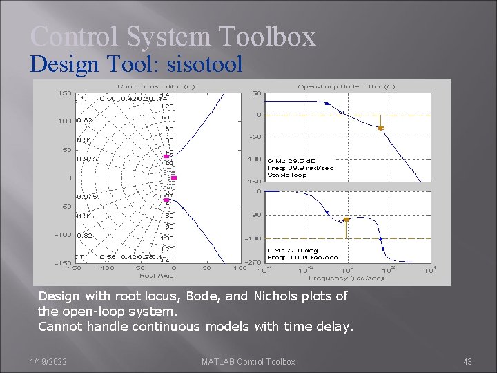 Control System Toolbox Design Tool: sisotool Design with root locus, Bode, and Nichols plots Control System Toolbox Design Tool: sisotool Design with root locus, Bode, and Nichols plots