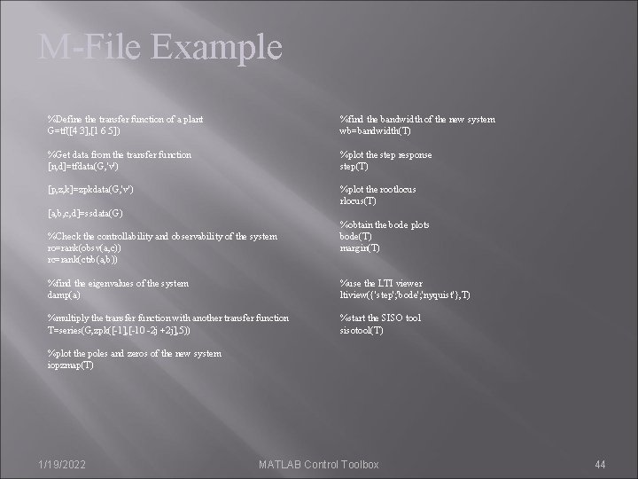 M-File Example %Define the transfer function of a plant G=tf([4 3], [1 6 5])