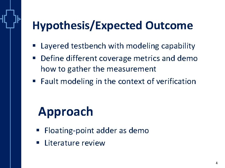 Hypothesis/Expected Outcome § Layered testbench with modeling capability § Define different coverage metrics and